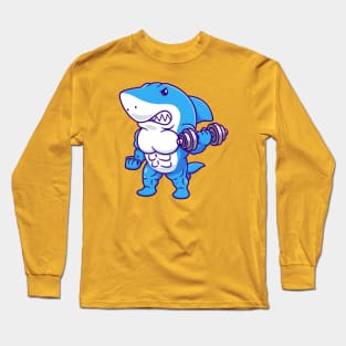 Cute Shark Lifting Dumbblle Cartoon Long Sleeve T-Shirt